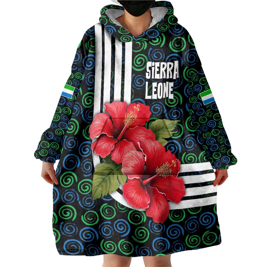 Sierra Leone Wearable Blanket Hoodie with Red Hibiscus Floral Design and Tribal Swirl Pattern