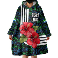 Sierra Leone Wearable Blanket Hoodie with Red Hibiscus Floral Design and Tribal Swirl Pattern