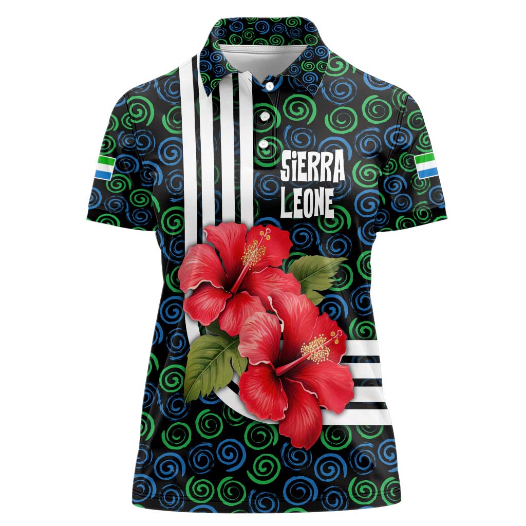Sierra Leone Women Polo Shirt with Red Hibiscus Floral Design and Tribal Swirl Pattern