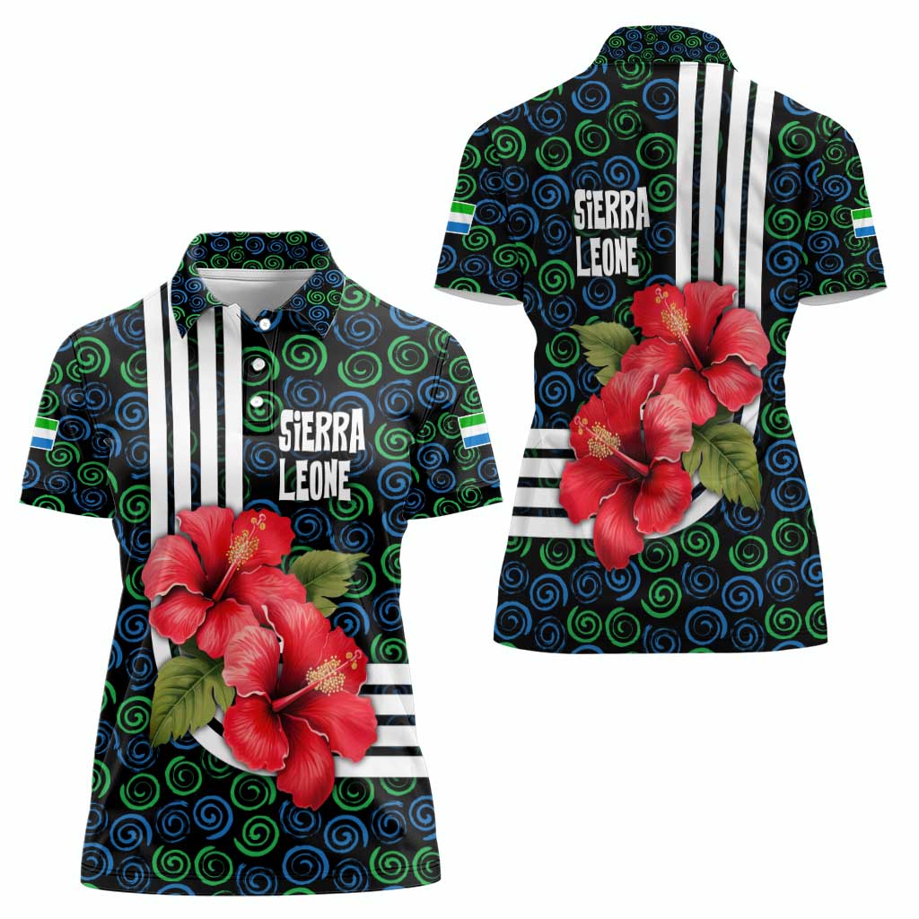 Sierra Leone Women Polo Shirt with Red Hibiscus Floral Design and Tribal Swirl Pattern