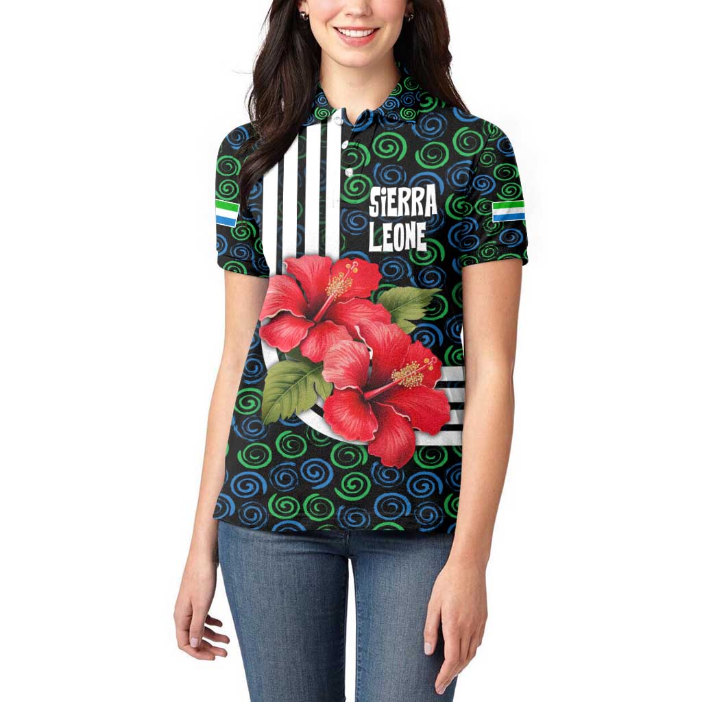 Sierra Leone Women Polo Shirt with Red Hibiscus Floral Design and Tribal Swirl Pattern
