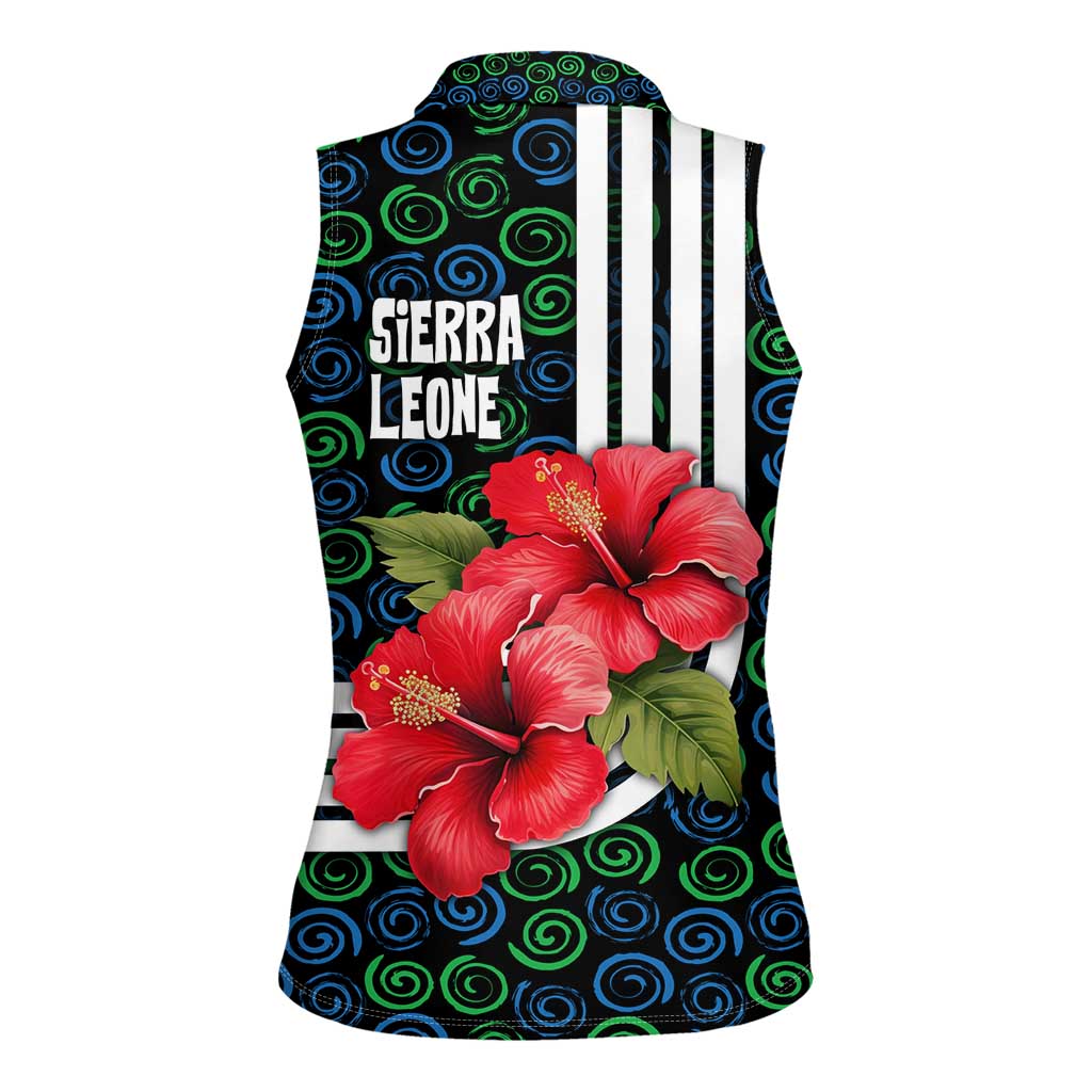 Sierra Leone Women Sleeveless Polo Shirt with Red Hibiscus Floral Design and Tribal Swirl Pattern