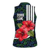 Sierra Leone Women Sleeveless Polo Shirt with Red Hibiscus Floral Design and Tribal Swirl Pattern