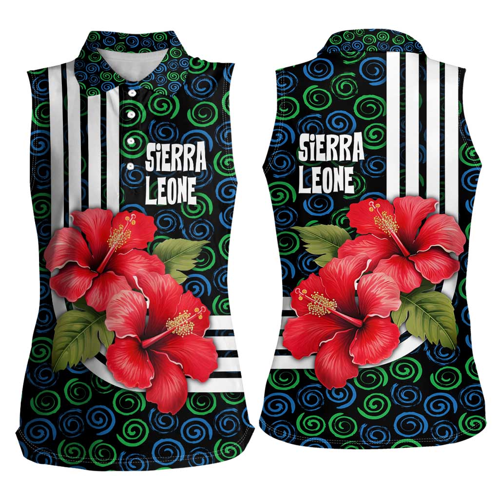 Sierra Leone Women Sleeveless Polo Shirt with Red Hibiscus Floral Design and Tribal Swirl Pattern