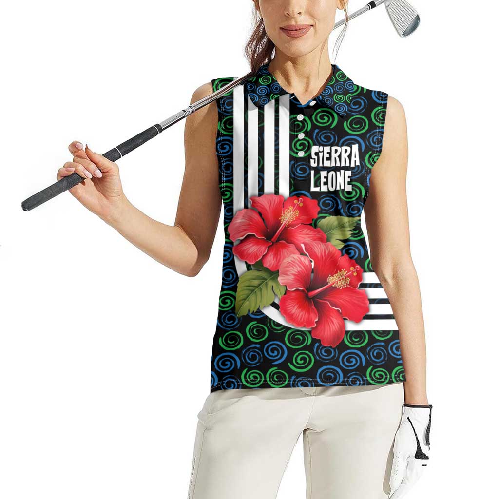 Sierra Leone Women Sleeveless Polo Shirt with Red Hibiscus Floral Design and Tribal Swirl Pattern