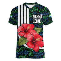 Sierra Leone Women V-Neck T-Shirt with Red Hibiscus Floral Design and Tribal Swirl Pattern