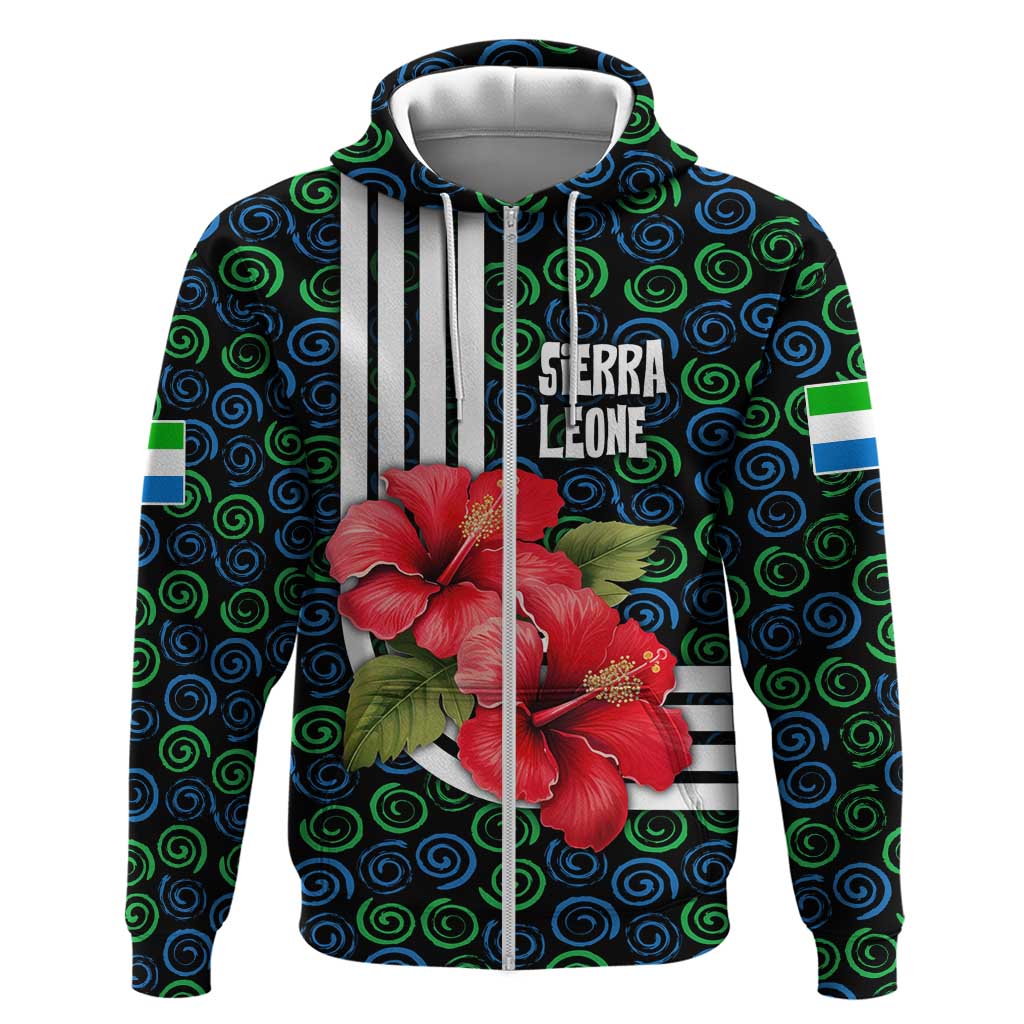 Sierra Leone Zip Hoodie with Red Hibiscus Floral Design and Tribal Swirl Pattern