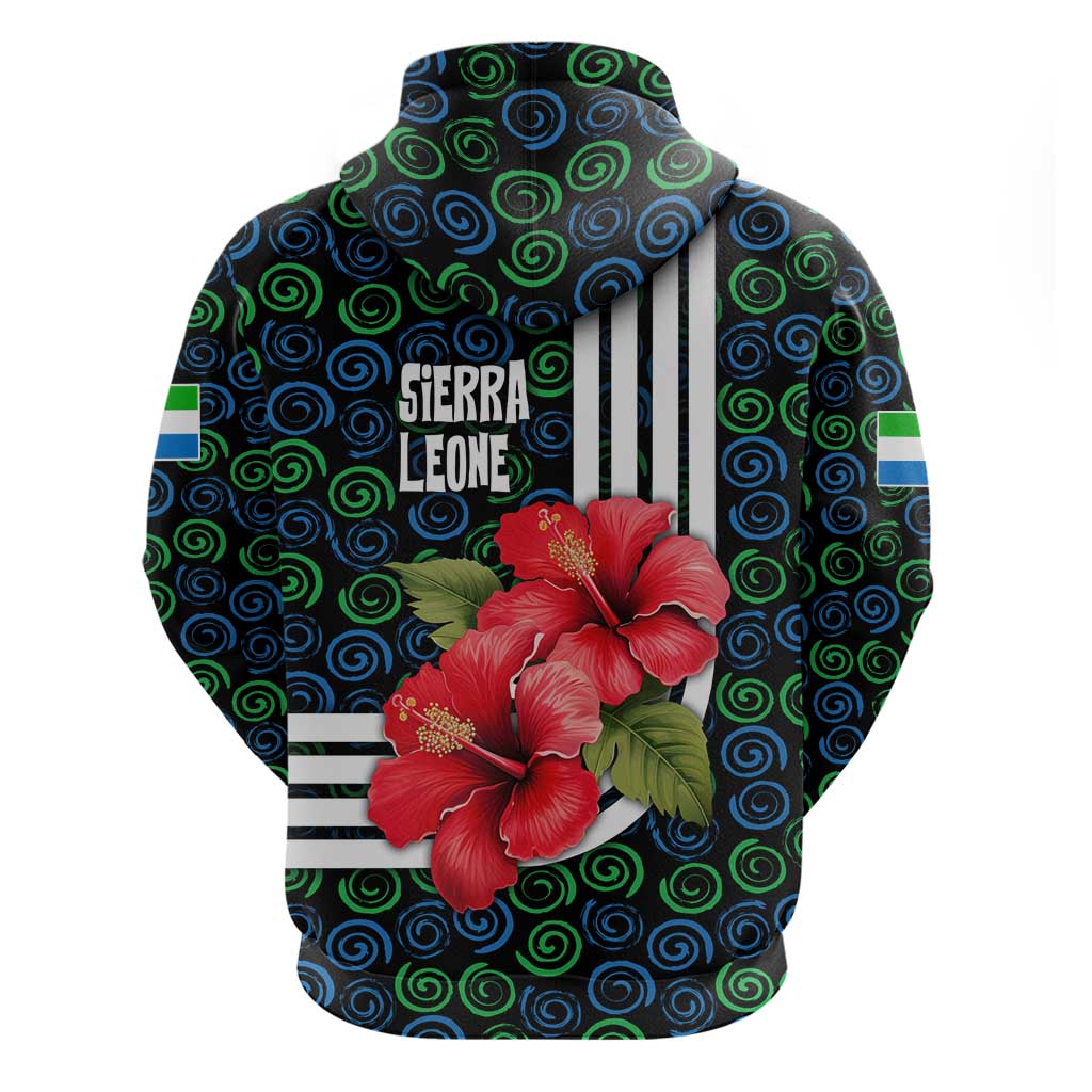 Sierra Leone Zip Hoodie with Red Hibiscus Floral Design and Tribal Swirl Pattern