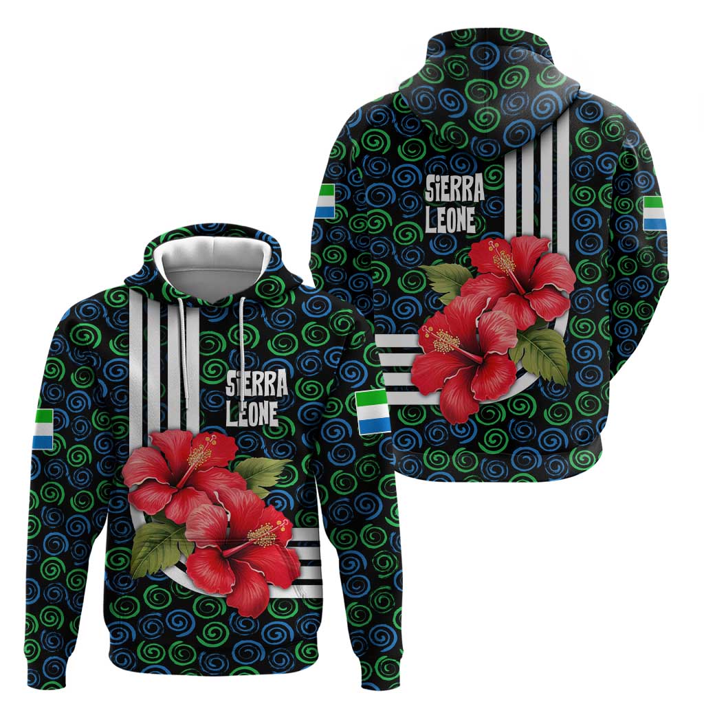 Sierra Leone Zip Hoodie with Red Hibiscus Floral Design and Tribal Swirl Pattern