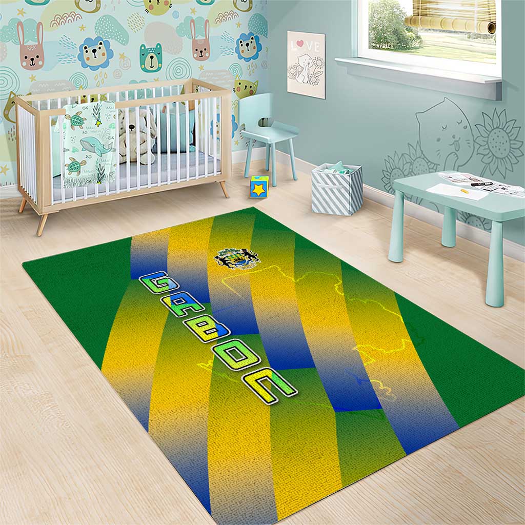 Gabon Flag Colors Area Rug with National Coat of Arms and Vertical Text Design