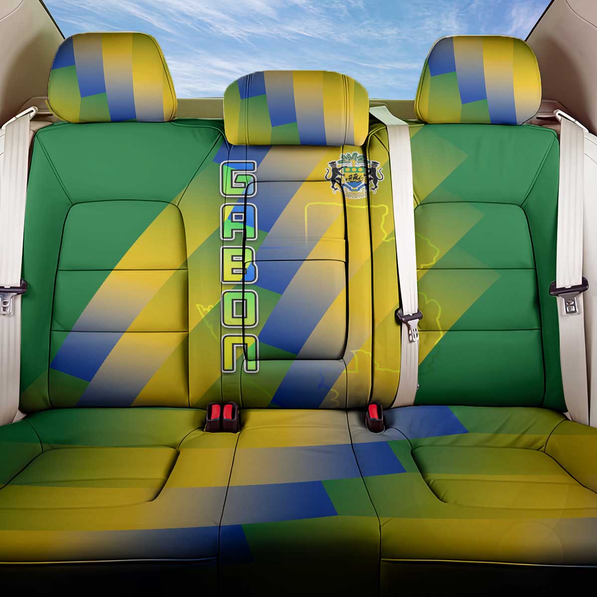 Gabon Flag Colors Back Car Seat Cover with National Coat of Arms and Vertical Text Design