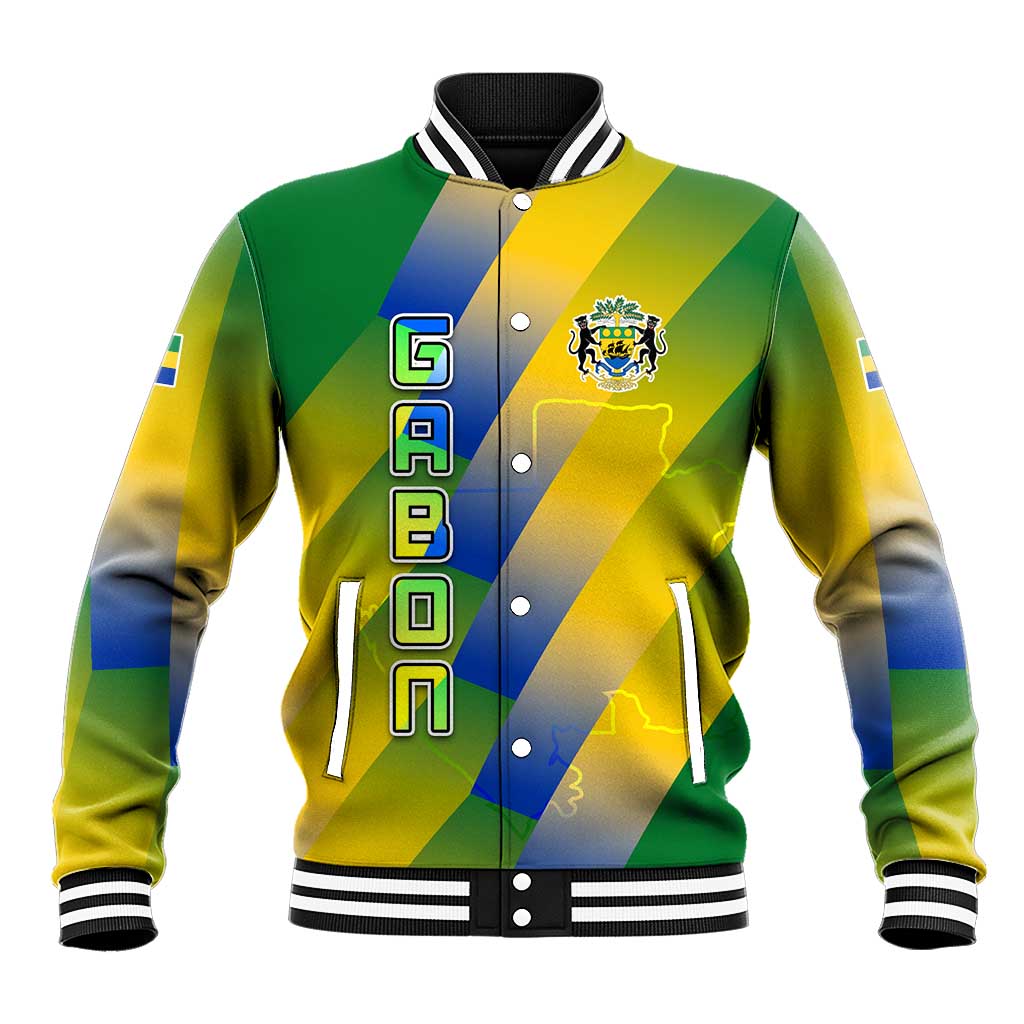 Gabon Flag Colors Baseball Jacket with National Coat of Arms and Vertical Text Design