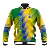 Gabon Flag Colors Baseball Jacket with National Coat of Arms and Vertical Text Design