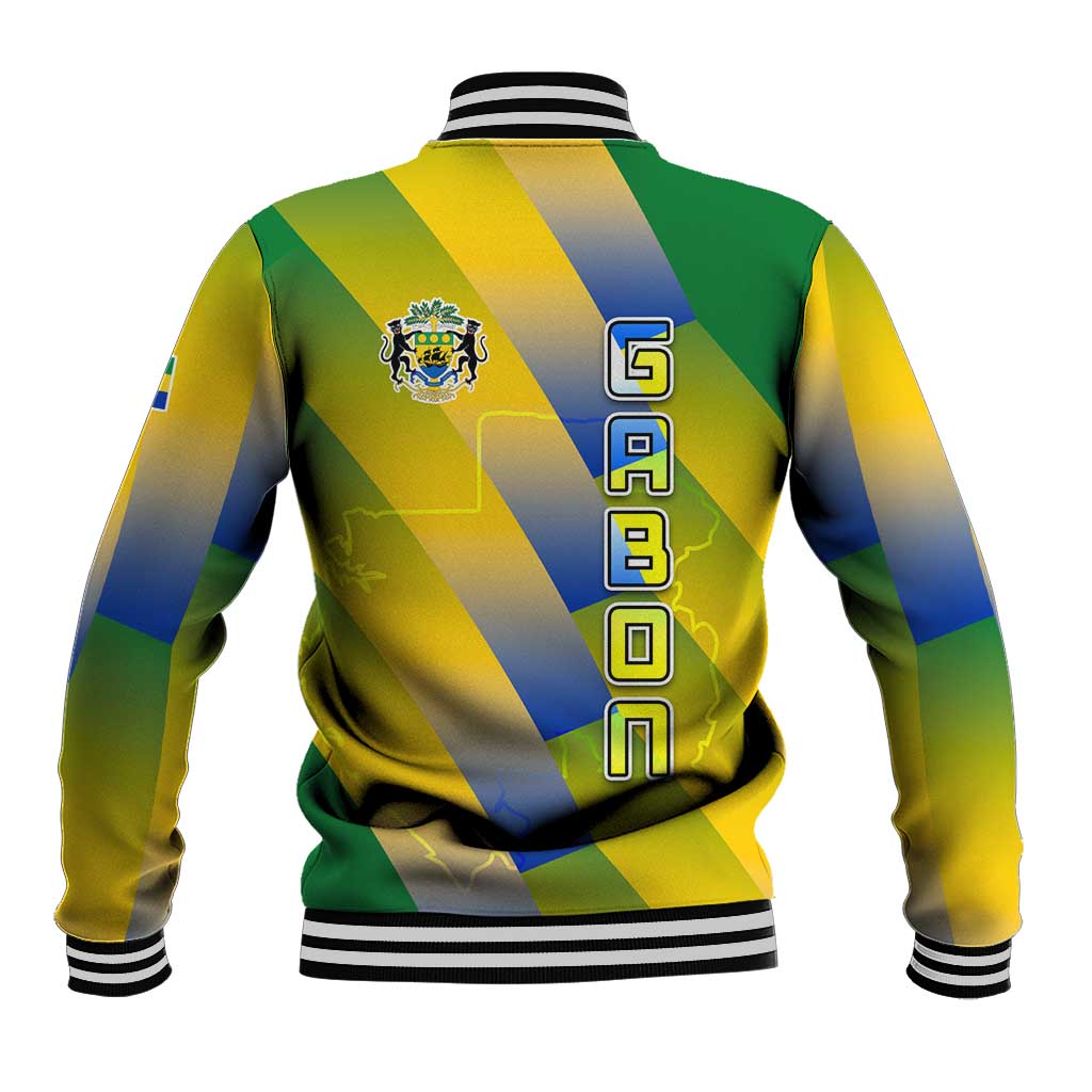 Gabon Flag Colors Baseball Jacket with National Coat of Arms and Vertical Text Design