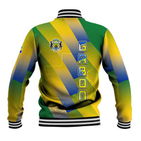 Gabon Flag Colors Baseball Jacket with National Coat of Arms and Vertical Text Design