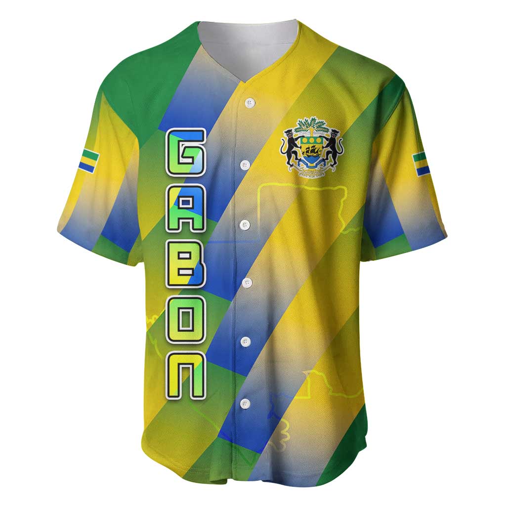 Gabon Flag Colors Baseball Jersey with National Coat of Arms and Vertical Text Design