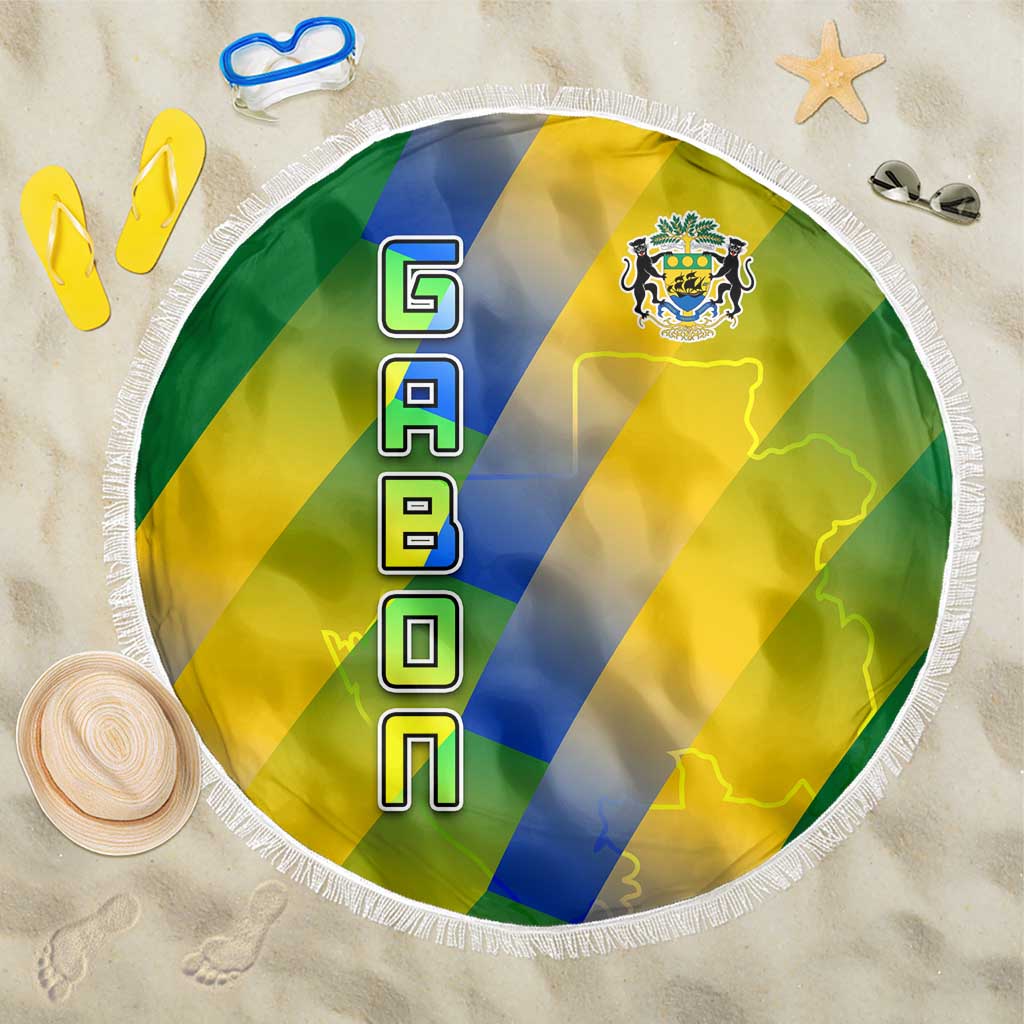 Gabon Flag Colors Beach Blanket with National Coat of Arms and Vertical Text Design