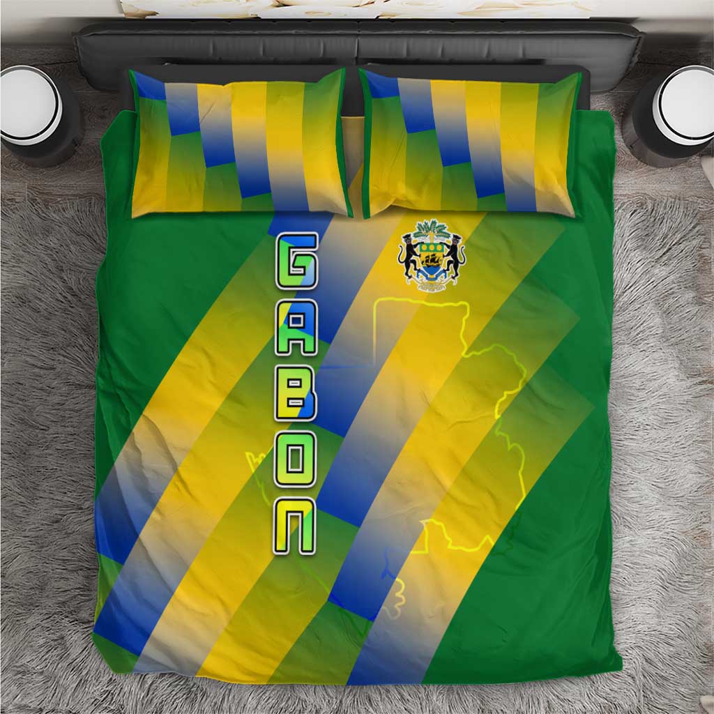 Gabon Flag Colors Bedding Set with National Coat of Arms and Vertical Text Design