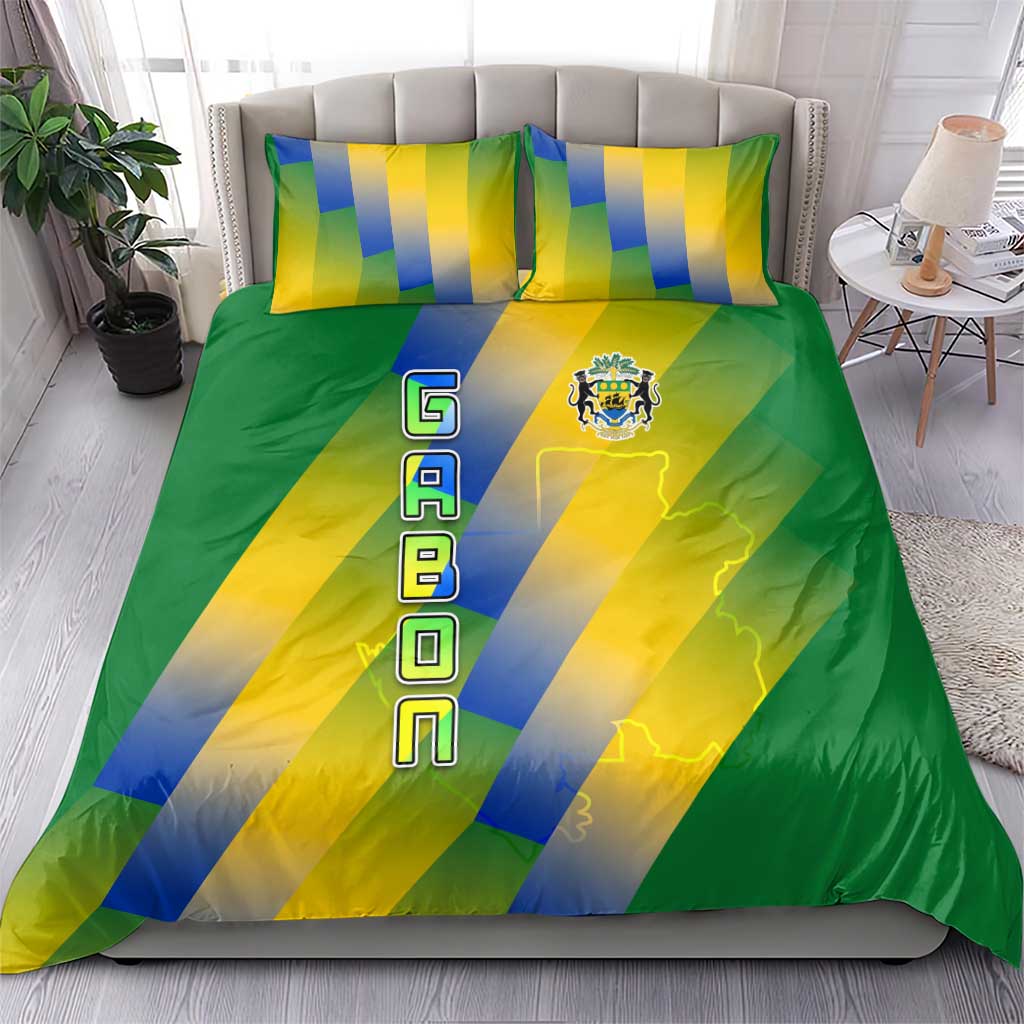 Gabon Flag Colors Bedding Set with National Coat of Arms and Vertical Text Design