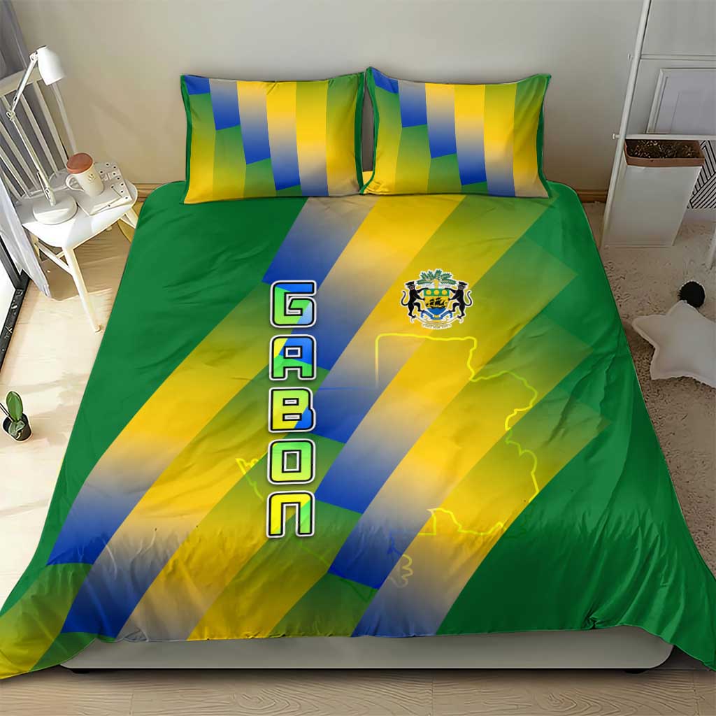 Gabon Flag Colors Bedding Set with National Coat of Arms and Vertical Text Design