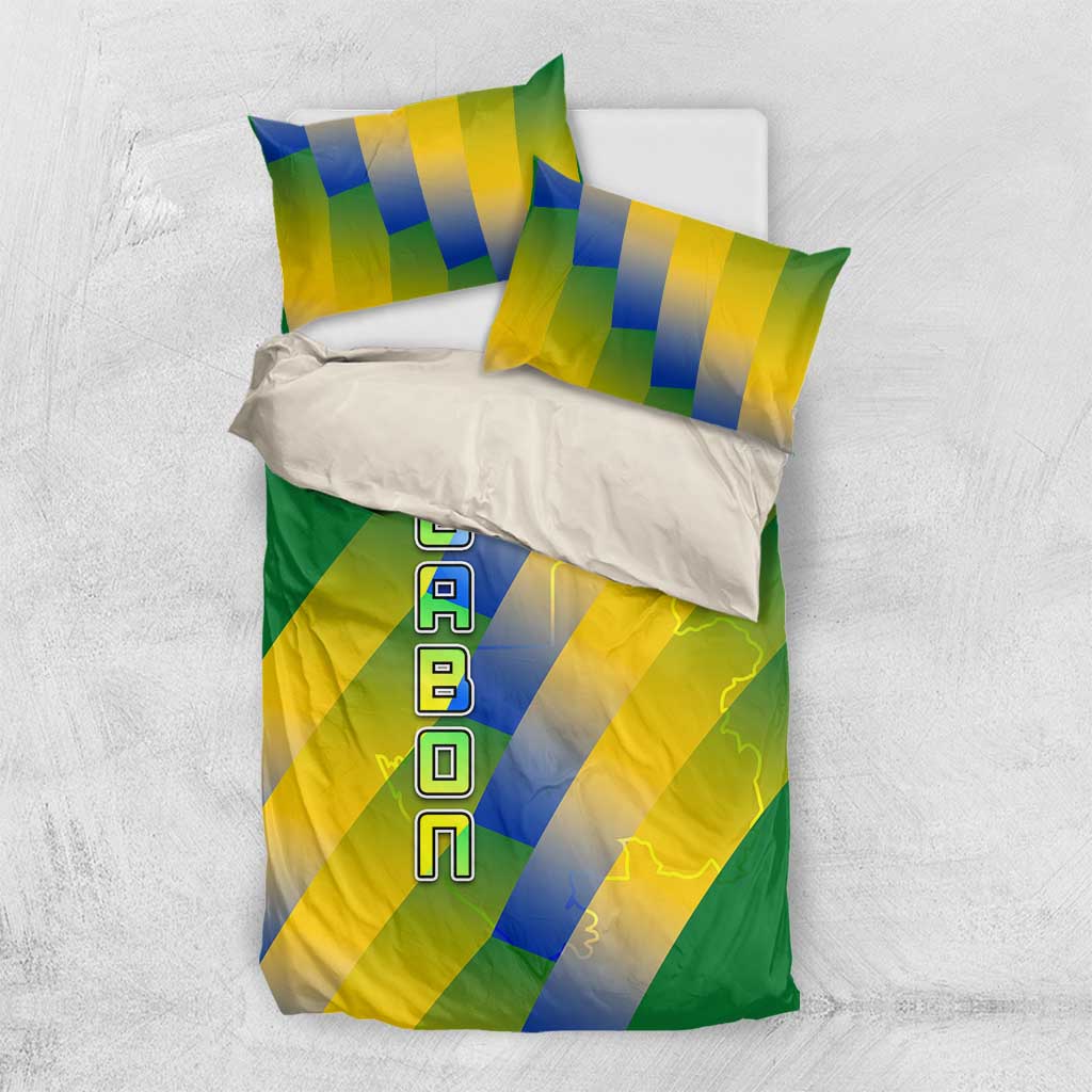 Gabon Flag Colors Bedding Set with National Coat of Arms and Vertical Text Design
