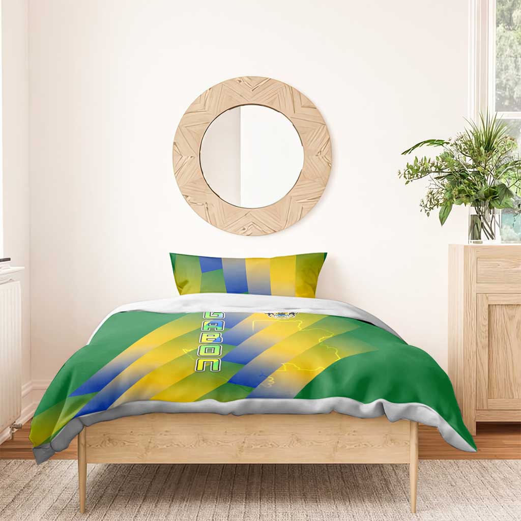 Gabon Flag Colors Bedding Set with National Coat of Arms and Vertical Text Design