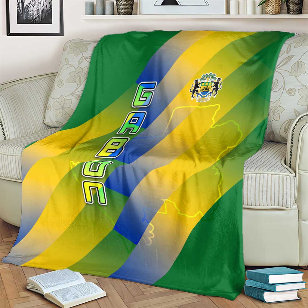 Gabon Flag Colors Blanket with National Coat of Arms and Vertical Text Design