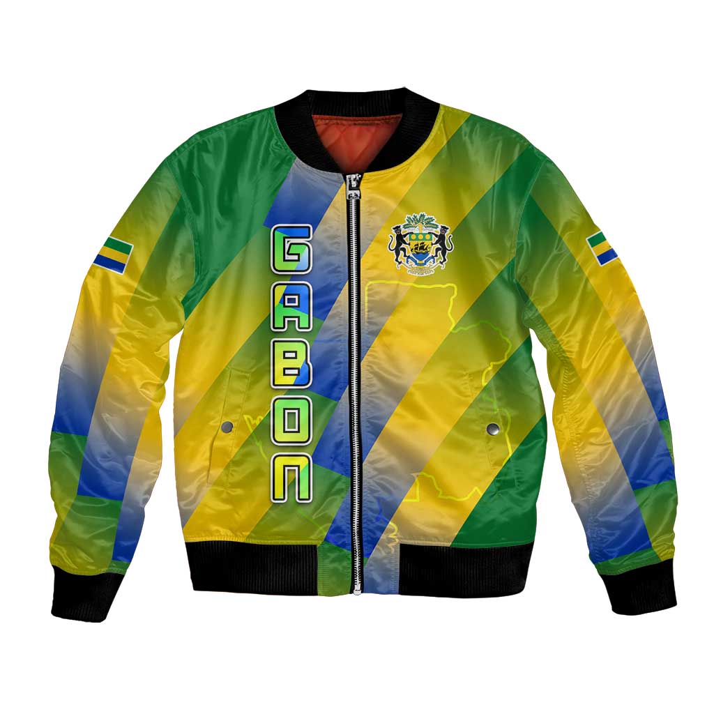 Gabon Flag Colors Bomber Jacket with National Coat of Arms and Vertical Text Design