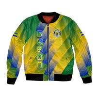 Gabon Flag Colors Bomber Jacket with National Coat of Arms and Vertical Text Design