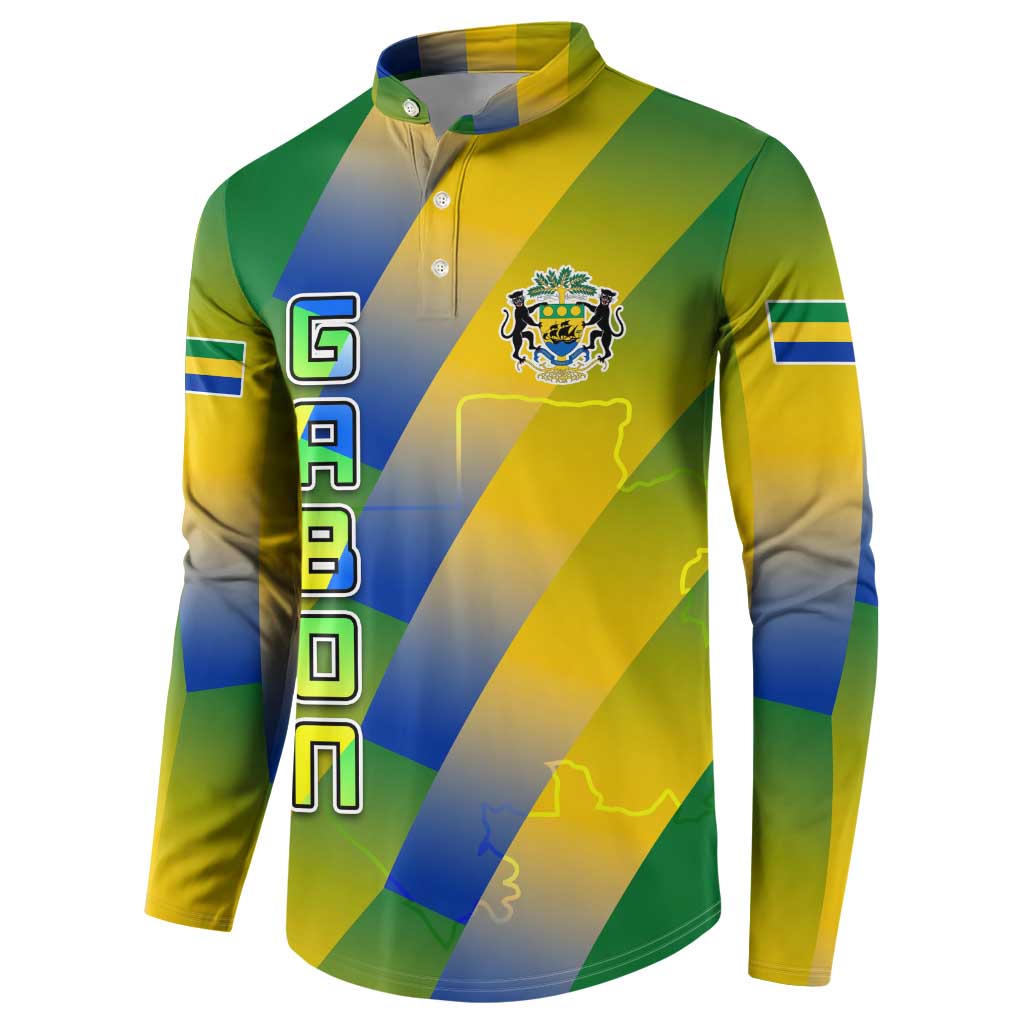 Gabon Flag Colors Button Sweatshirt with National Coat of Arms and Vertical Text Design