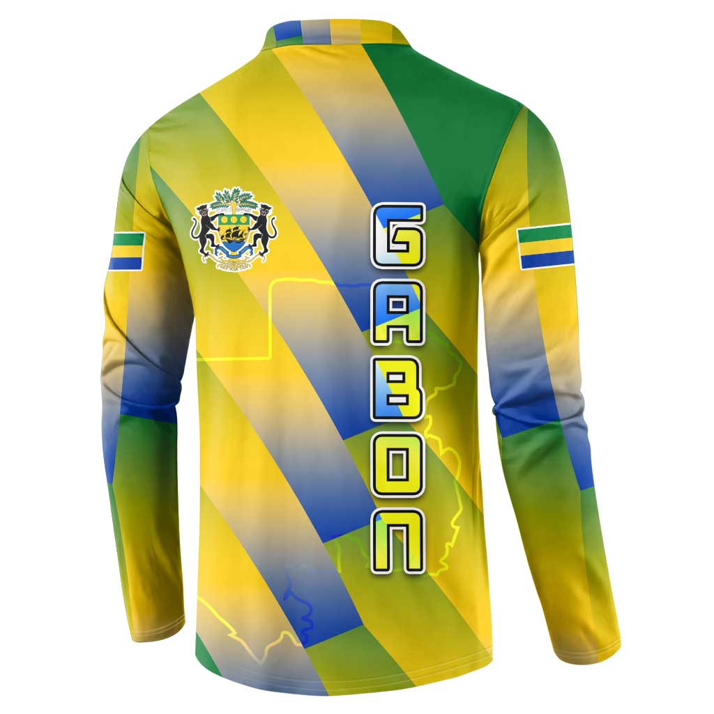 Gabon Flag Colors Button Sweatshirt with National Coat of Arms and Vertical Text Design