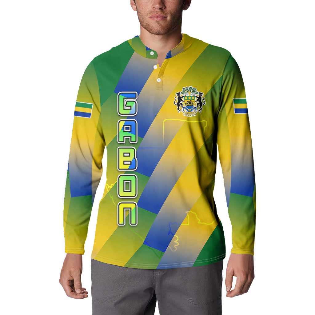 Gabon Flag Colors Button Sweatshirt with National Coat of Arms and Vertical Text Design