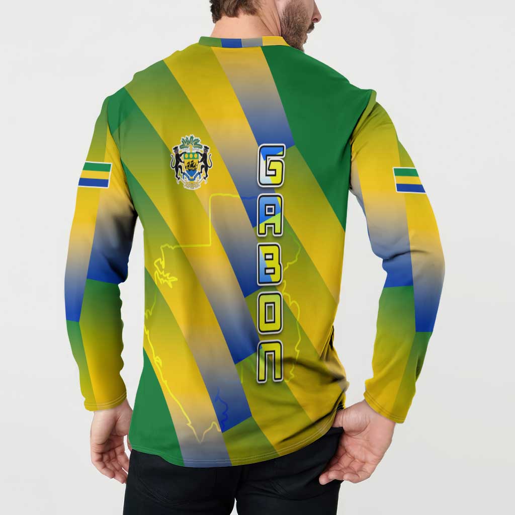 Gabon Flag Colors Button Sweatshirt with National Coat of Arms and Vertical Text Design