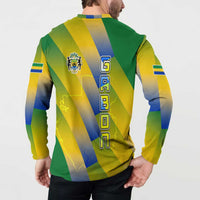 Gabon Flag Colors Button Sweatshirt with National Coat of Arms and Vertical Text Design