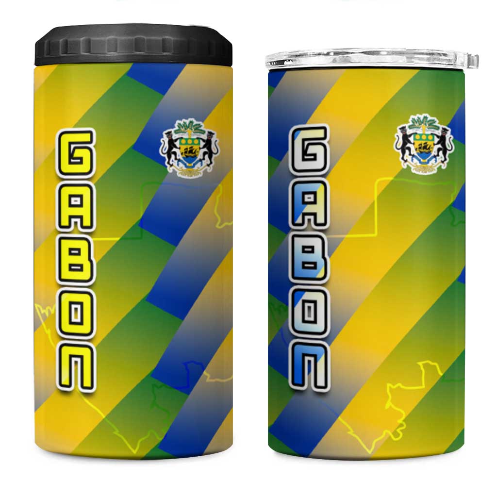 Gabon Flag Colors 4 in 1 Can Cooler Tumbler with National Coat of Arms and Vertical Text Design