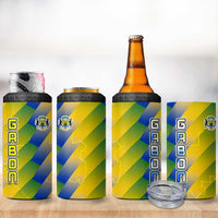 Gabon Flag Colors 4 in 1 Can Cooler Tumbler with National Coat of Arms and Vertical Text Design