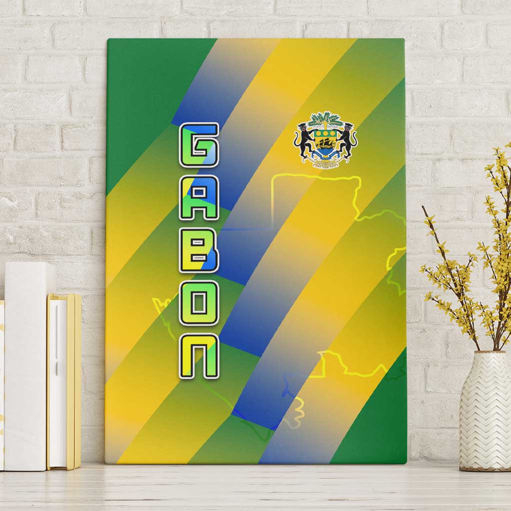 Gabon Flag Colors Canvas Wall Art with National Coat of Arms and Vertical Text Design