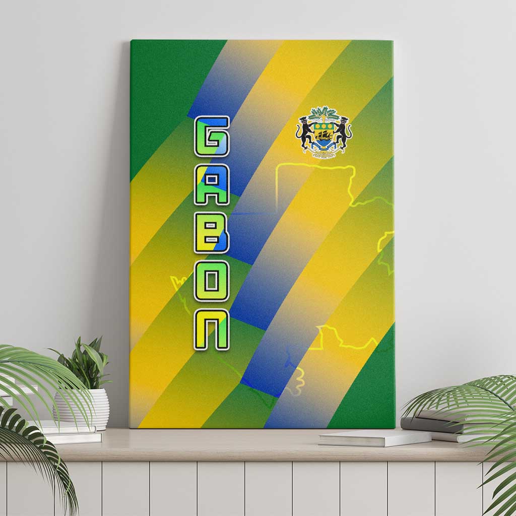 Gabon Flag Colors Canvas Wall Art with National Coat of Arms and Vertical Text Design