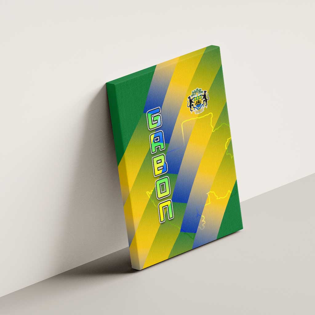 Gabon Flag Colors Canvas Wall Art with National Coat of Arms and Vertical Text Design
