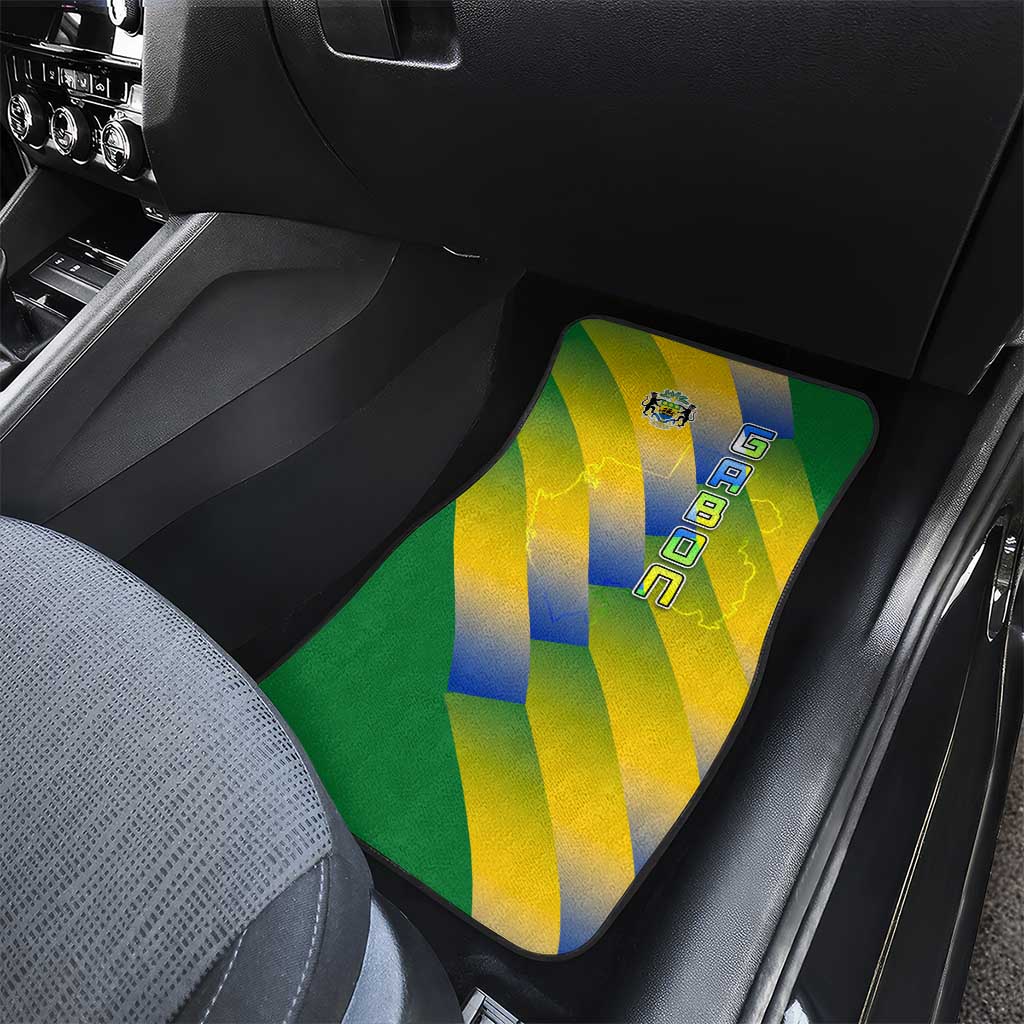Gabon Flag Colors Car Mats with National Coat of Arms and Vertical Text Design