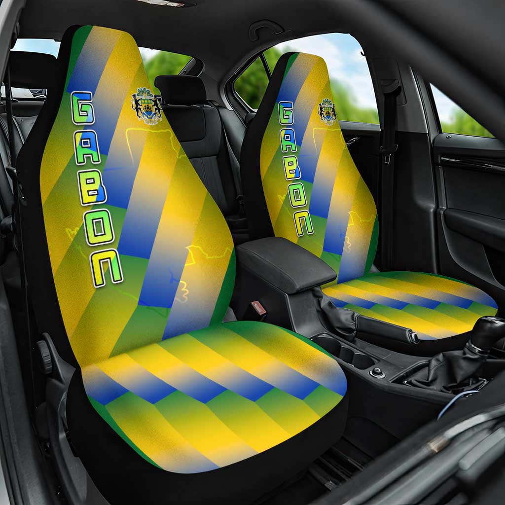 Gabon Flag Colors Car Seat Cover with National Coat of Arms and Vertical Text Design