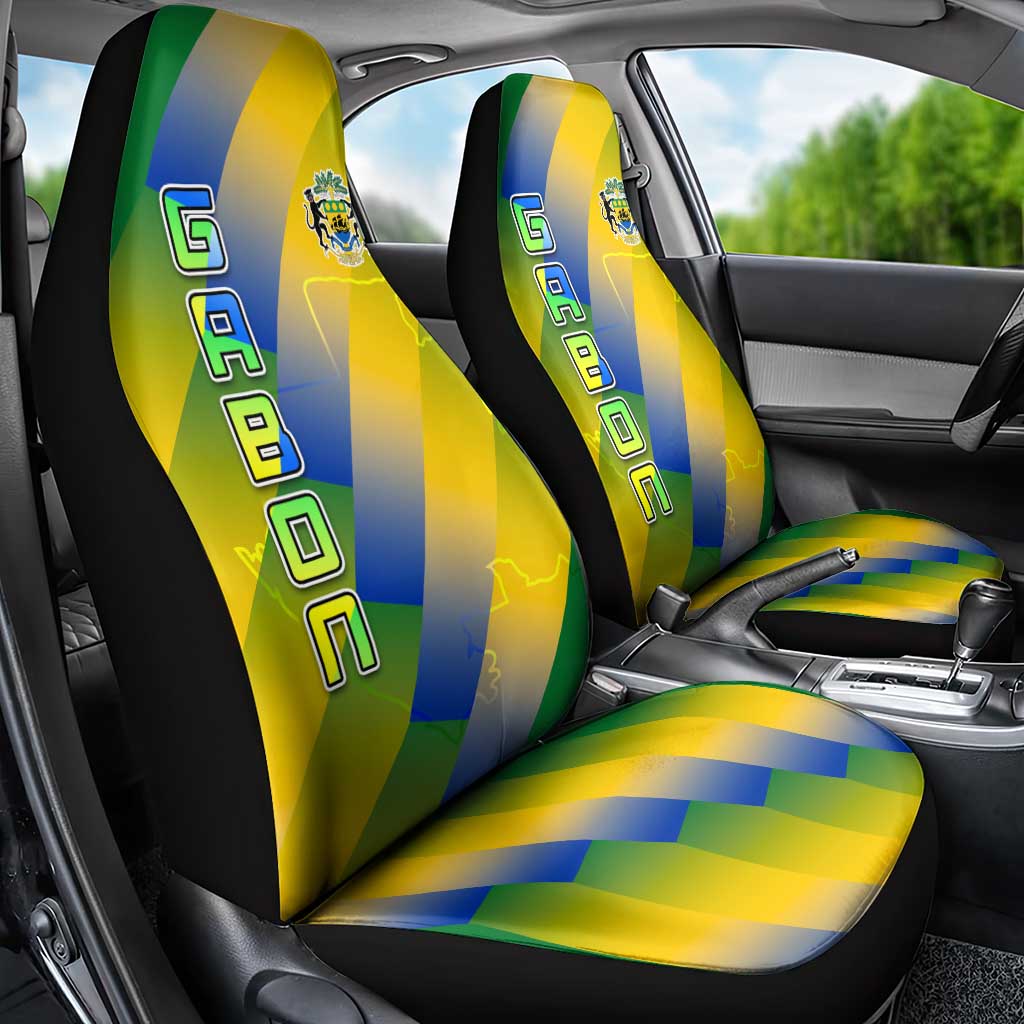 Gabon Flag Colors Car Seat Cover with National Coat of Arms and Vertical Text Design