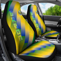 Gabon Flag Colors Car Seat Cover with National Coat of Arms and Vertical Text Design