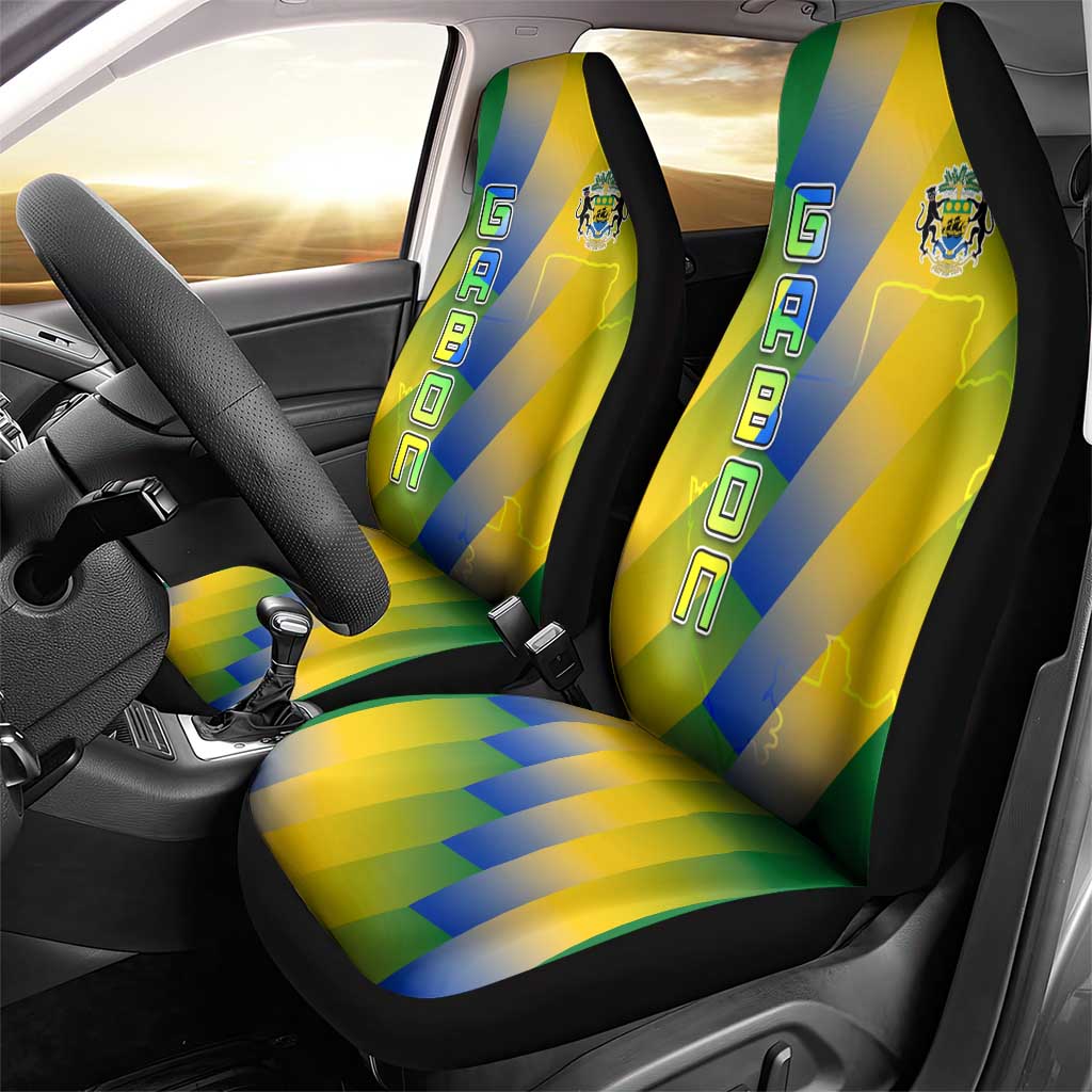 Gabon Flag Colors Car Seat Cover with National Coat of Arms and Vertical Text Design