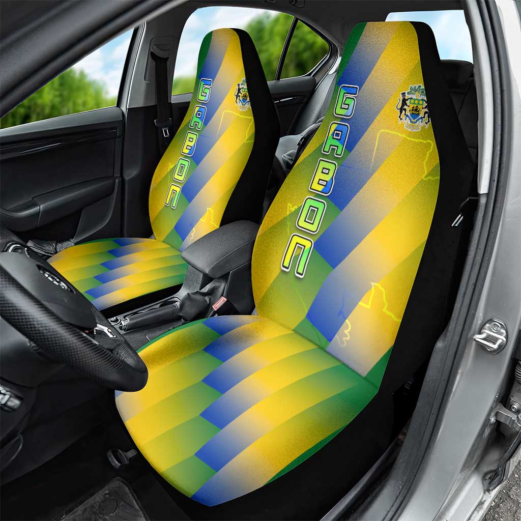 Gabon Flag Colors Car Seat Cover with National Coat of Arms and Vertical Text Design