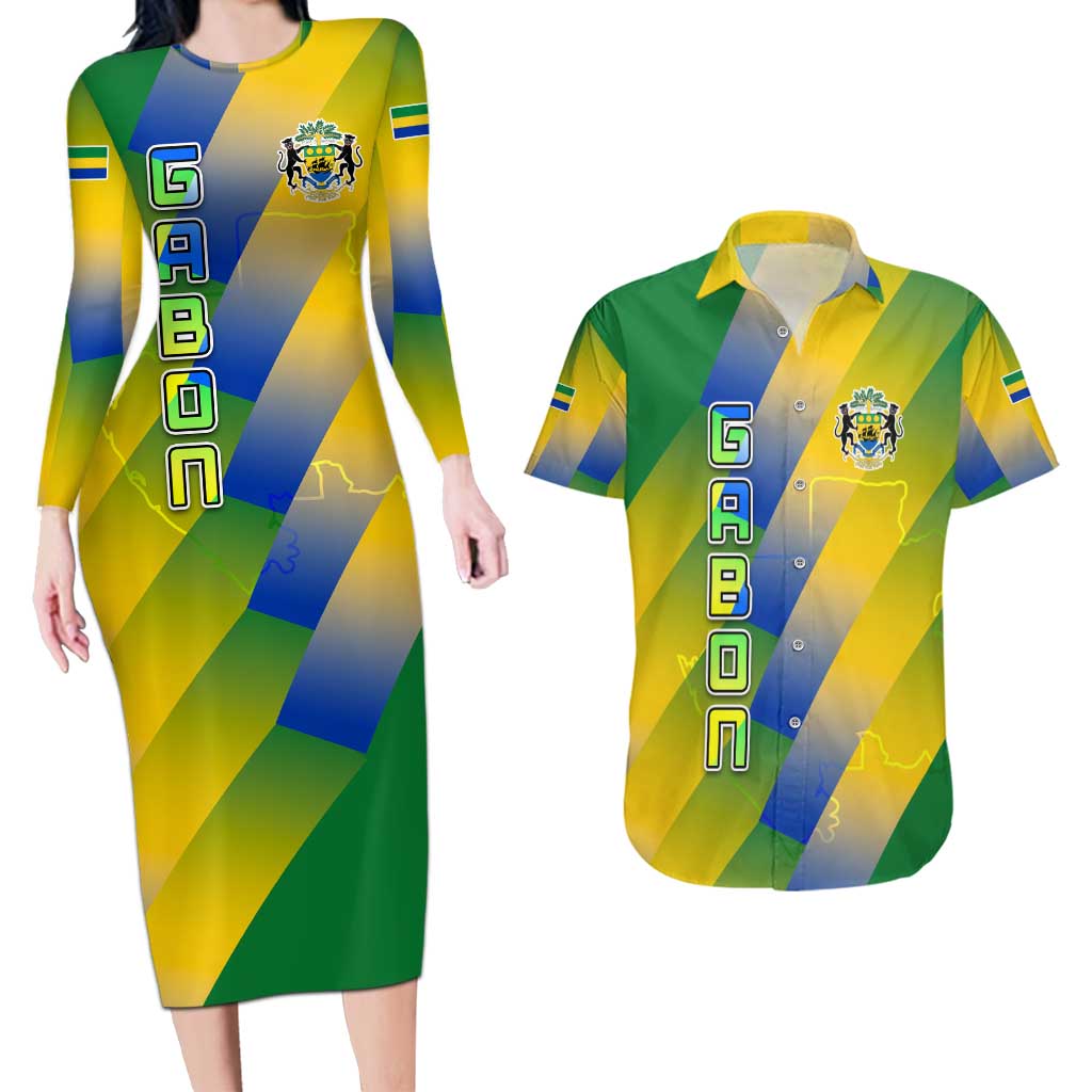 Gabon Flag Colors Couples Matching Long Sleeve Bodycon Dress and Hawaiian Shirt with National Coat of Arms and Vertical Text Design
