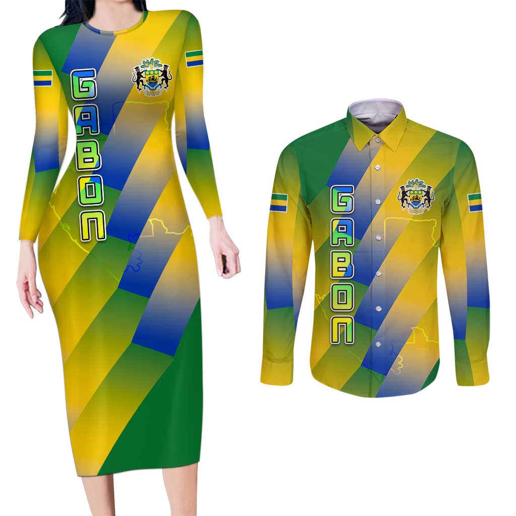 Gabon Flag Colors Couples Matching Long Sleeve Bodycon Dress and Long Sleeve Button Shirt with National Coat of Arms and Vertical Text Design