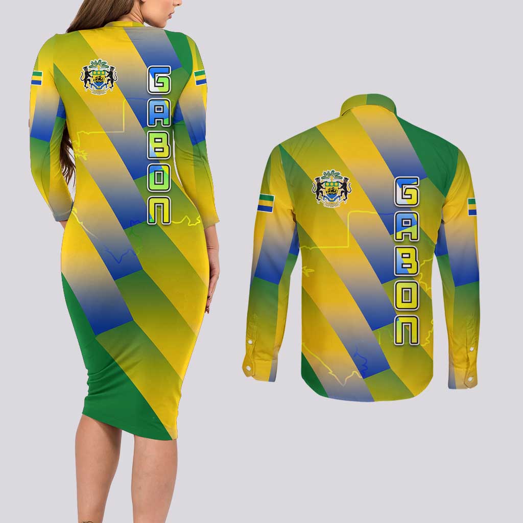 Gabon Flag Colors Couples Matching Long Sleeve Bodycon Dress and Long Sleeve Button Shirt with National Coat of Arms and Vertical Text Design
