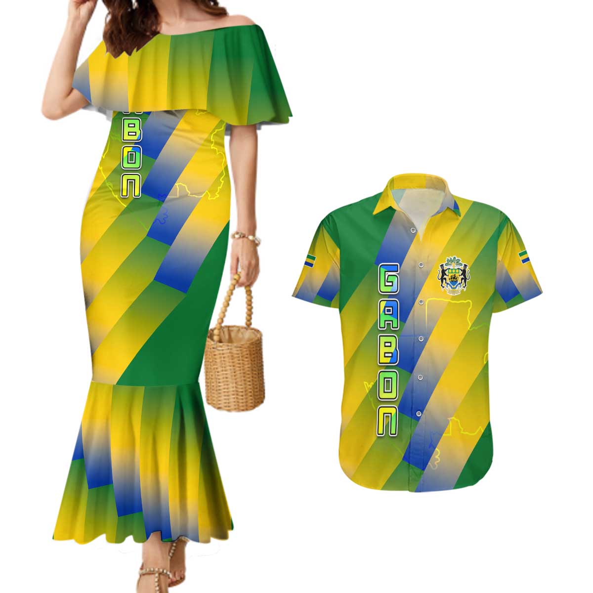 Gabon Flag Colors Couples Matching Mermaid Dress and Hawaiian Shirt with National Coat of Arms and Vertical Text Design