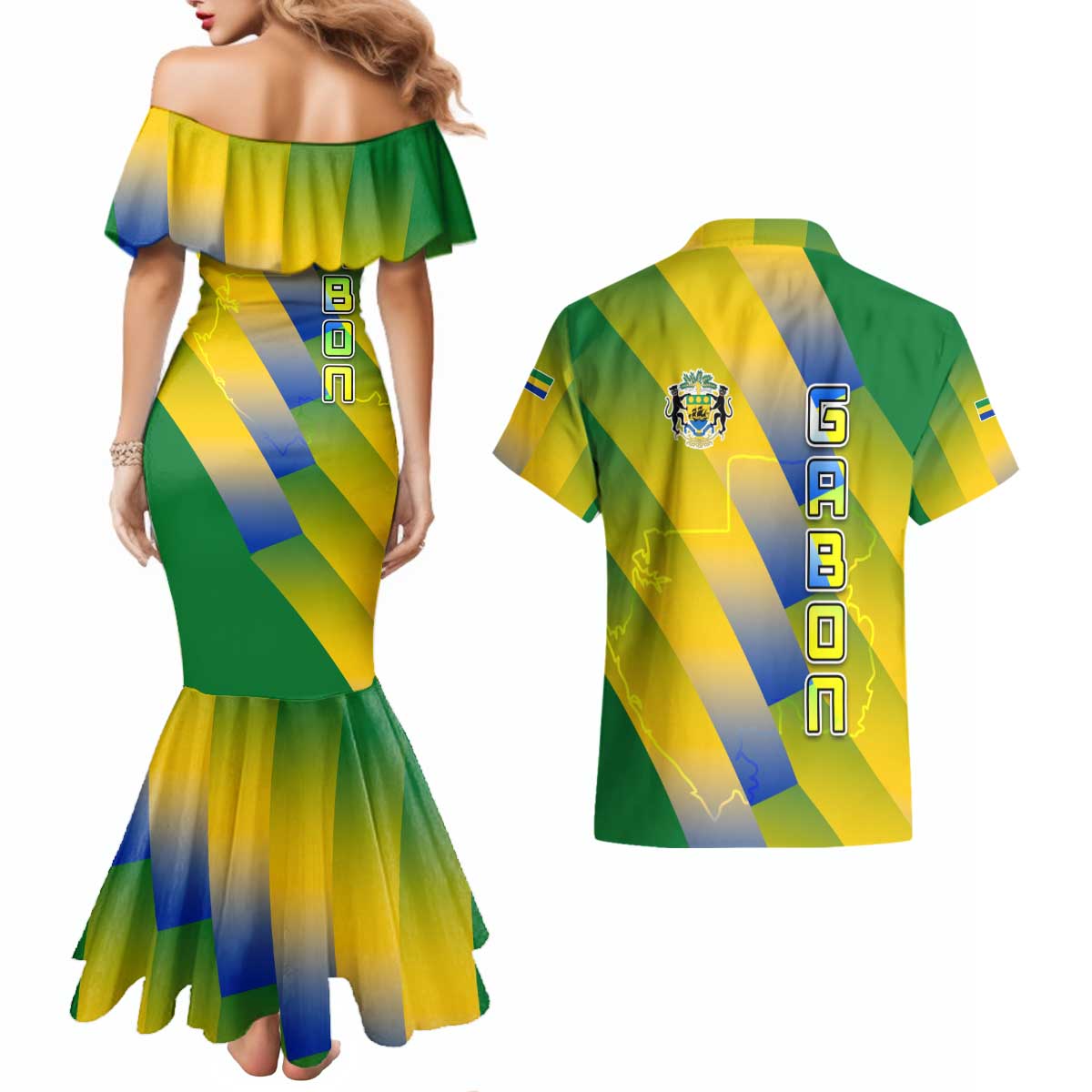 Gabon Flag Colors Couples Matching Mermaid Dress and Hawaiian Shirt with National Coat of Arms and Vertical Text Design